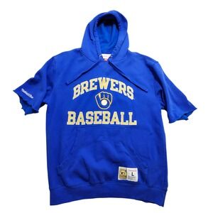 Mitchell & Ness Milwaukee Brewers Short Sleeve Hoodie Blue Mens Large MLB Retro